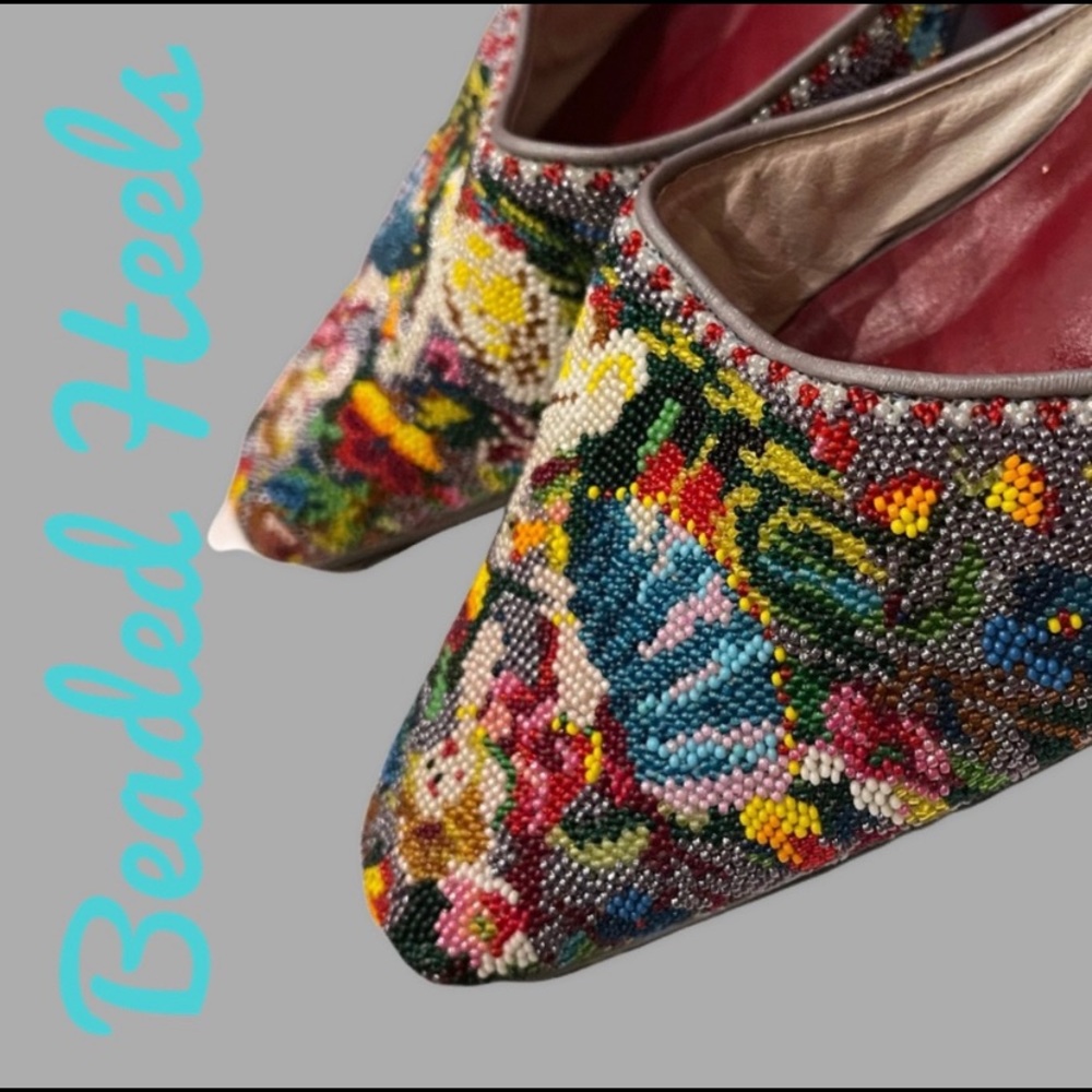 Statement Art Beaded Slip - On Heels, Size 8